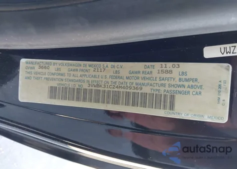 2004 Volkswagen New Beetle Gl z USA, uszkodzony, nr VIN 3VWBK31C24M409369